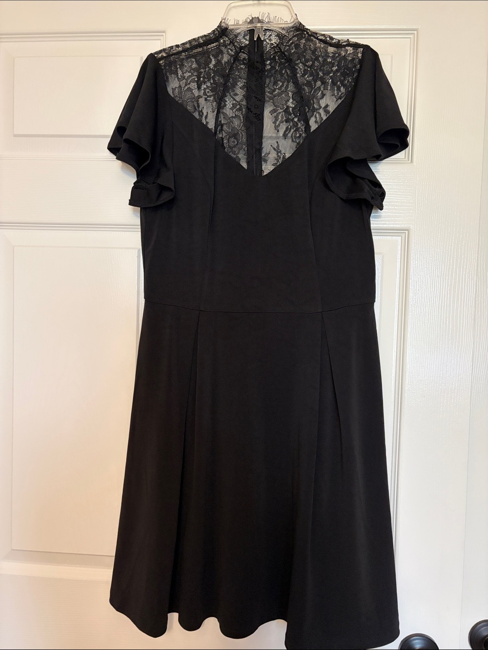 Black Lace-Yoke Midi Dress with Flutter Sleeves